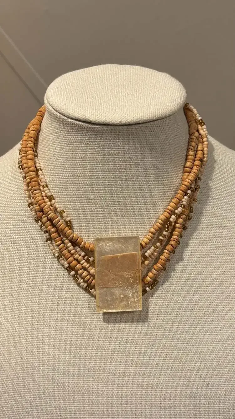 Multistrand Boho Necklace Wooden Beads Large Lucite/Resin Square Pendant